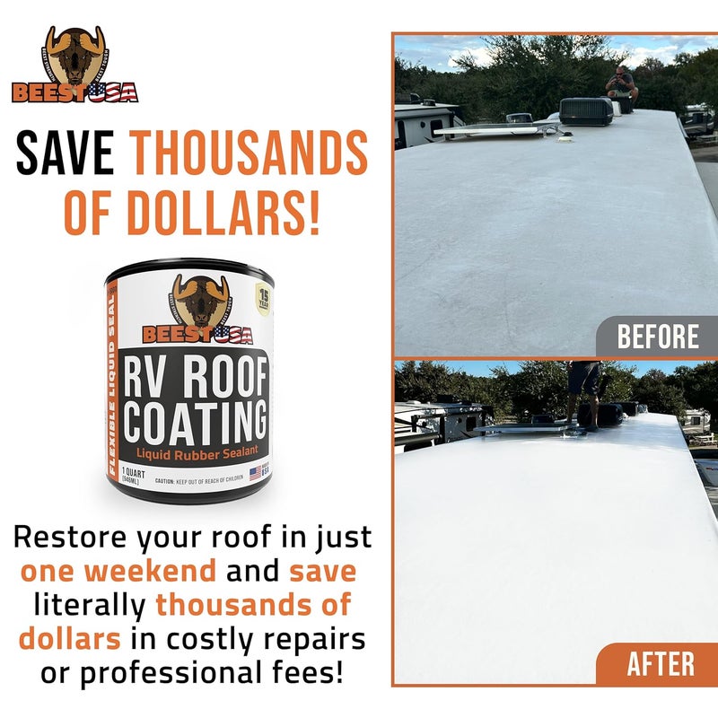 BEEST RV Roof Coating White, 32 Oz Covers up to 12.5 sq ft (2 Coats), Solar Reflective & Waterproof Sealant| Elastomeric Leak Repair Coating, Liquid Rubber RV Roof Sealant for Trailers, Camper & More - Image 2